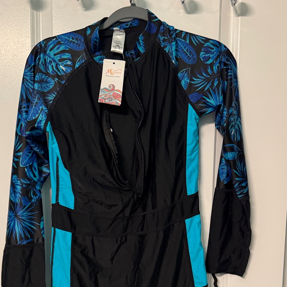 Blue and Black Long Sleeve Swimsuit